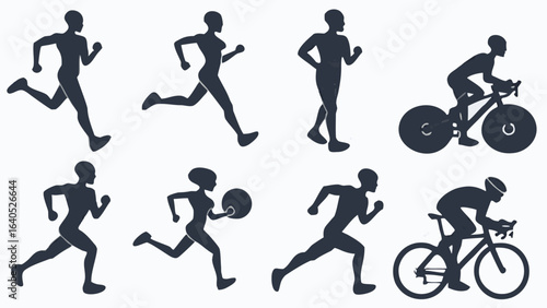 Silhouettes of people engaged in various physical activities including running and cycling on a white background