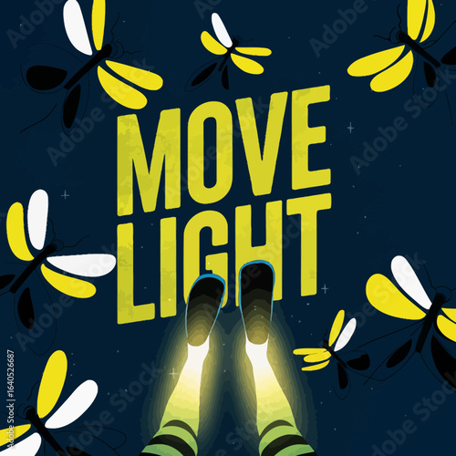 Person walking with flashlights surrounded by fireflies on a dark night with the words Move Light