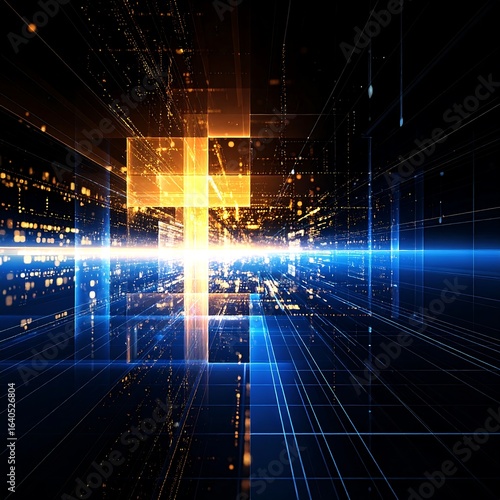 Abstract cityscape with a glowing cross at its center, rendered in vibrant blue and orange hues