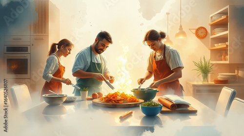 An epic scene of making dinner as a delicate watercolor masterpiece