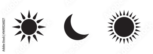 Black Sun and Moon Icons for Day and Night,  Sun, moon icons, design. Space shapes for design. Vector liner collection eps 10
