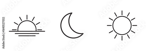 Black Sun and Moon Icons for Day and Night,  Sun, moon icons, design. Space shapes for design. Vector liner collection eps 10