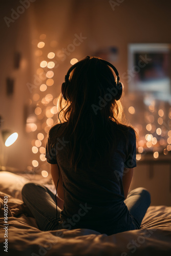 Evening in a bedroom with soft fairy lights A teenager is listening to calming music with headphones