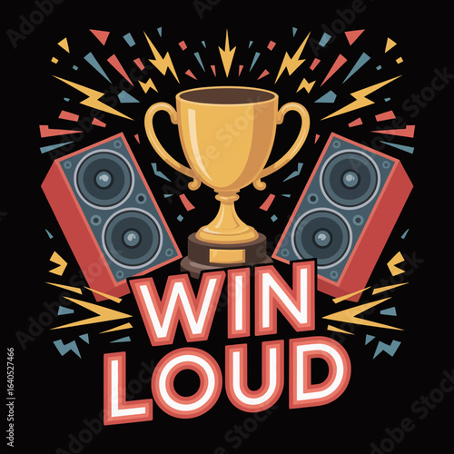 Golden trophy with loudspeakers and exploding fireworks signifies winning loud achievement and celebration victory triumph success vector