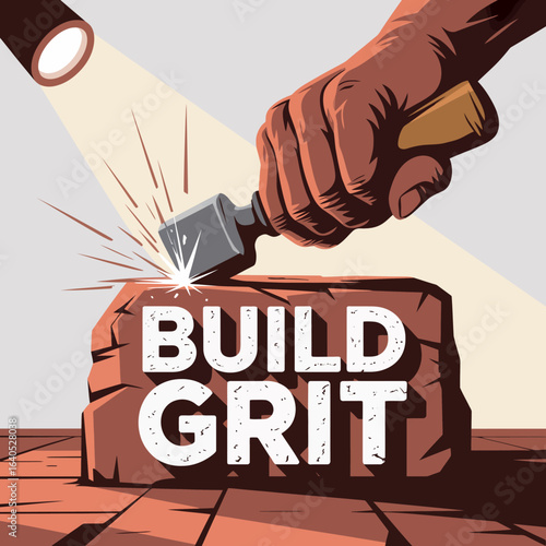Hand carves build grit into stone with hammer and chisel under spotlight signifying hard work dedication and perseverance achieving goals and success vector