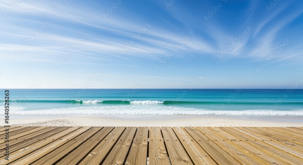 Fototapeta premium Scenic Beach View with Wooden Deck, Azure Sea, and Clear Blue Sky Background
