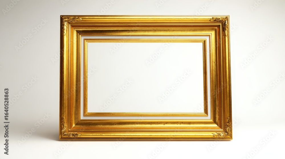 Fototapeta premium Elegant Gold Picture Frame with Ornate Details, Isolated on White Background, Ready for Artwork