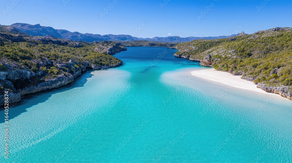 Obraz premium Turquoise waters flow between lush green hills, creating stunning natural landscape