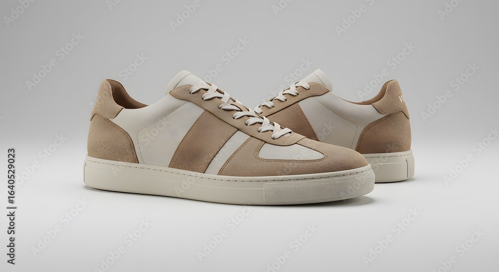 Naklejka premium Stylish beige and white leather and suede sneakers for men, clean product shot on a light grey background.