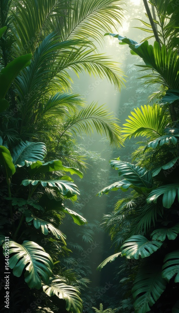 Fototapeta premium Lush tropical rainforest with sunlight filtering through leaves