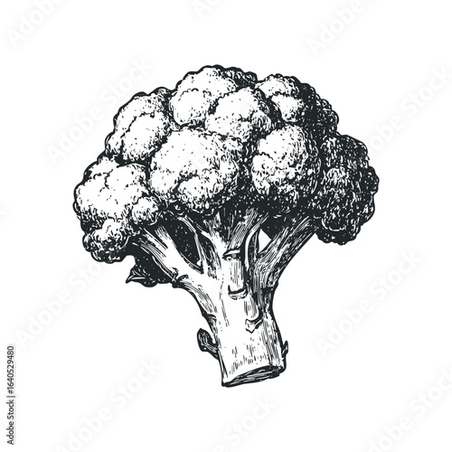Hand Drawn Monochrome Broccoli Florets and Stem