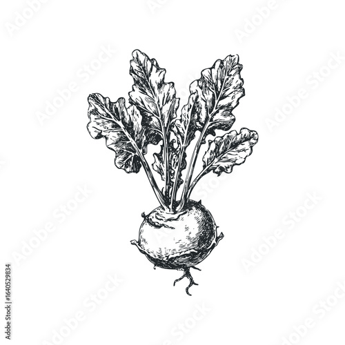 Detailed ink drawing of a kohlrabi vegetable with leafy greens