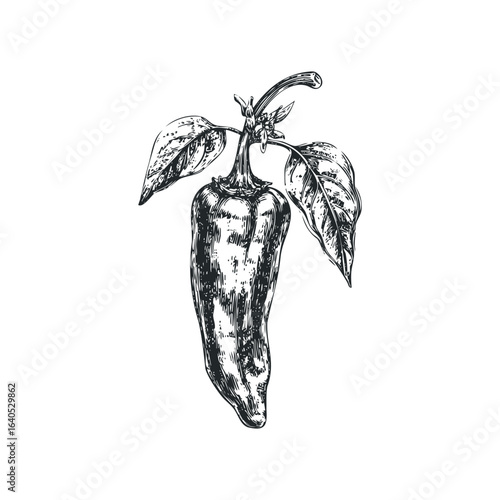Sketch of a ripening pepper with leaves on a stem