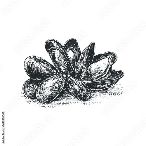 Group of Mussels Opened with Detailed Texture