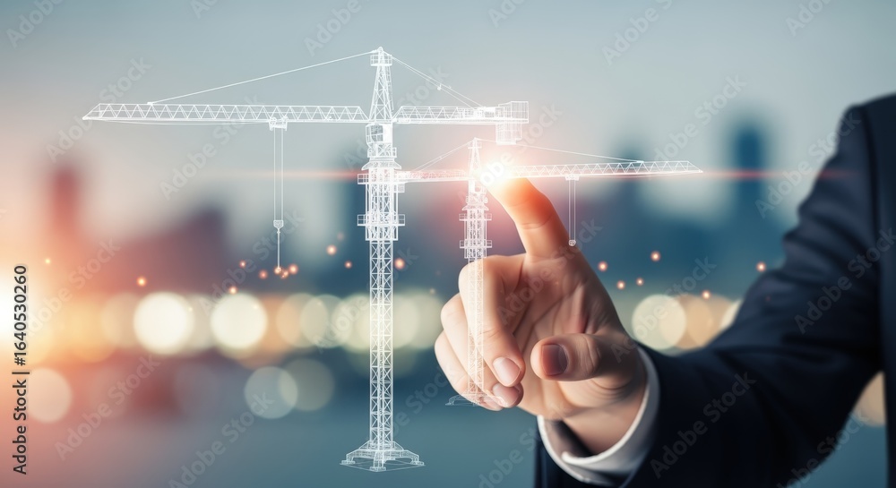 Fototapeta premium Digital Construction Blueprint: Businessman Interacting with a Futuristic Crane Hologram for Engineering Projects