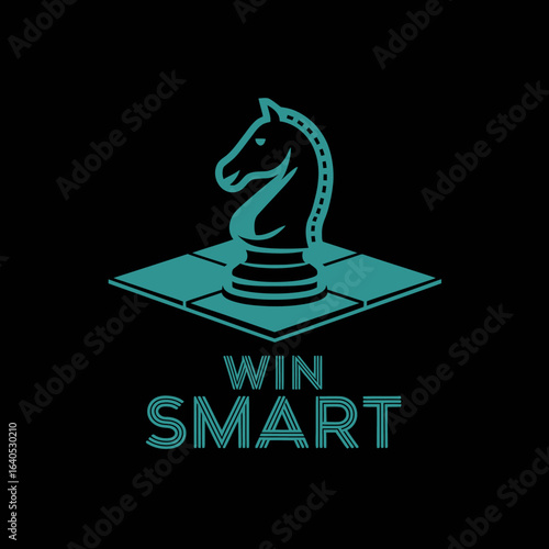 Win Smart chess knight logo design on black background with teal graphics and text representing strategic thinking and intelligent decision making