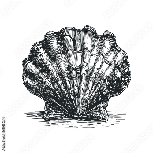 Vintage Black and White Engraving of a Scallop Shell on a White Background