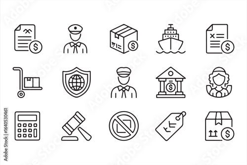 Set of Icons Representing Customs, Law Enforcement, and International Trade