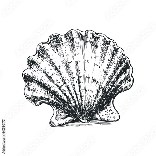 Detailed Sketch of a Scallop Seashell with Ribbed Texture