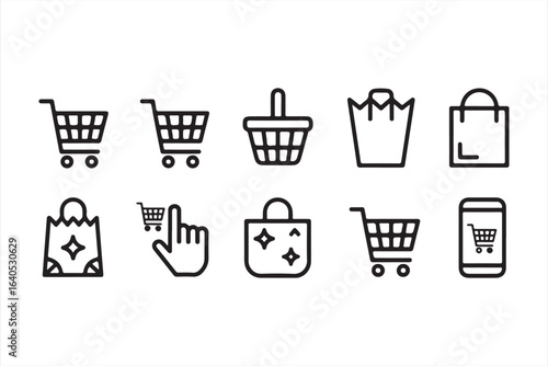 Set of Icons Representing Online Shopping, Checkout, and Retail Products