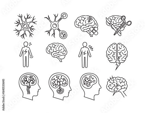 Neurology-themed line icon collection. A group of objects featuring nerve cells, brain injuries, brain surgeries, Parkinson's, epilepsy, neurons, neurological issues, brain tumors, and dementia.

