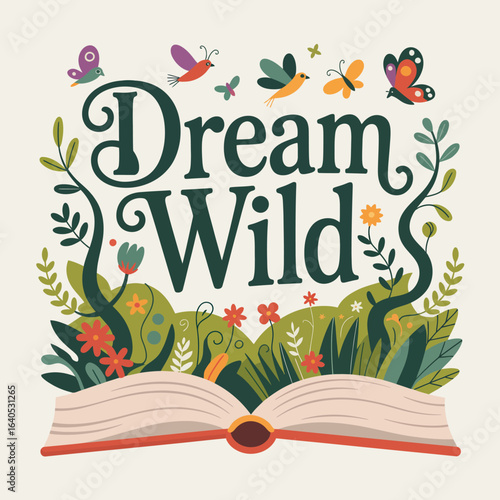 Whimsical illustration of an open book with Dream Wild text surrounded by flowers leaves and butterflies in a fantasy landscape