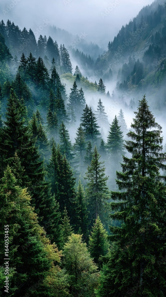 Fototapeta premium High-Quality Misty Pine Forest Landscape Authentic Nature Scene for Relaxing Wellness, Environmental Marketing and Social Media Content
