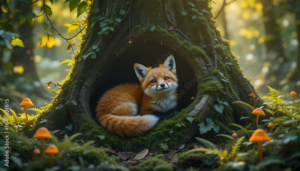 Obraz premium Enchanting red fox resting comfortably inside the hollow of an ancient mossy tree trunk in a sunlit enchanted forest with small orange mushrooms