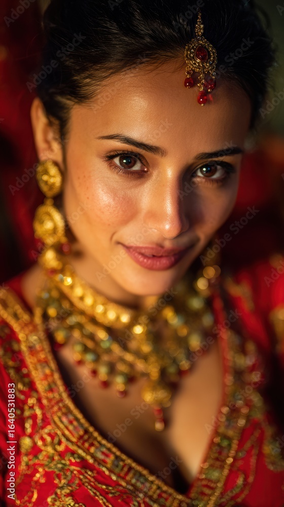 Fototapeta premium Authentic Dussehra and Diwali Portrait of Woman in Embroidered Lehenga with Traditional Gold Jewelry for Premium Festive Marketing Campaigns and Autumn Celebrations