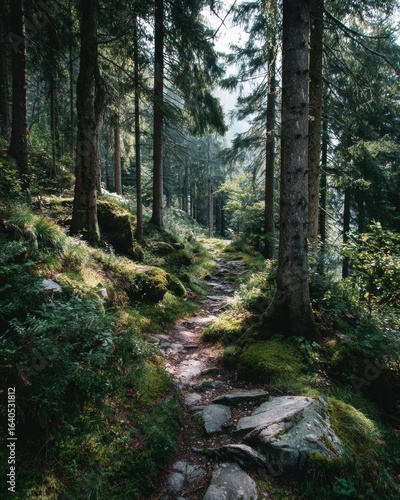 High-Quality Authentic Forest Hiking Trail in Lush Green Woods Modern Nature Landscape for Outdoor Adventure and Wellness Marketing Content