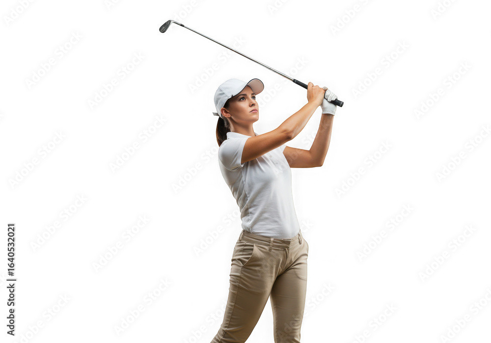 Female golfer swinging golf club isolated on transparent background Female golfer swinging golf club isolated on transparent background