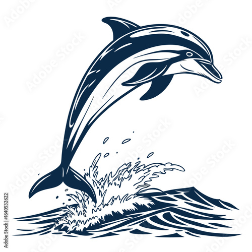 A magnificent dolphin leaping from the ocean in a striking graphic style