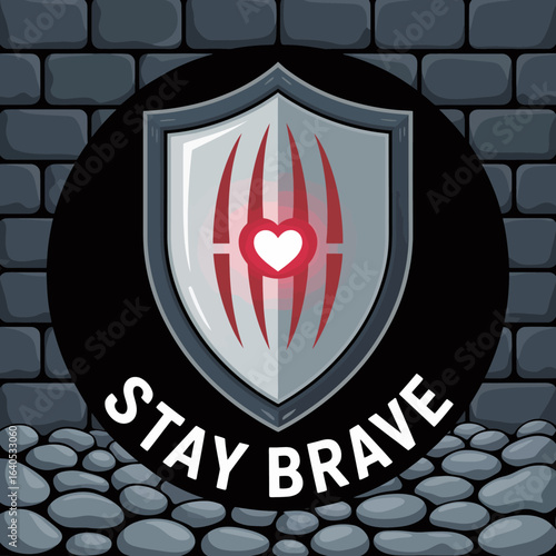 A gray shield with red claws and a heart on a black circle with stay brave text against a dark gray brick wall background