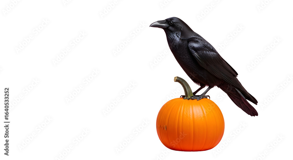Fototapeta premium Mysterious black raven perched atop a vibrant orange pumpkin, embodying autumn's enigmatic charm and Halloween spirit.