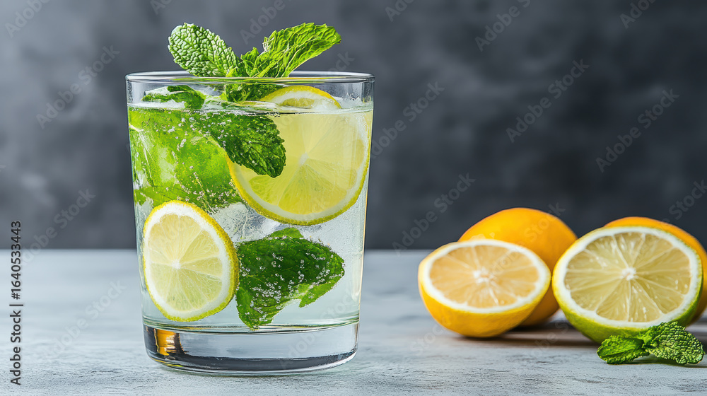 Fototapeta premium Refreshing citrus drink with mint and lemon slices, perfect for hydration and enjoyment