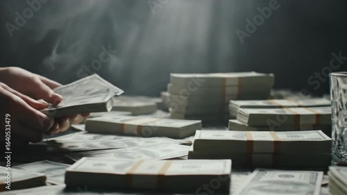 A person counting large stacks of money on a table in a dark, moody room, a concept of power, wealth, and illicit dealings.