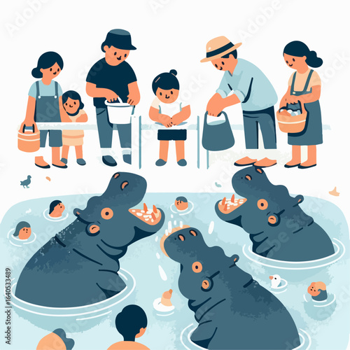 vector illustration of a person feeding a hippopotamus