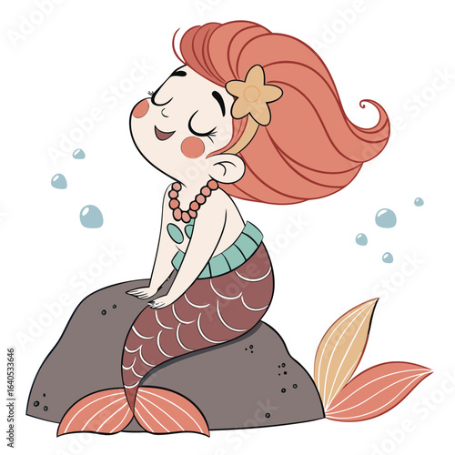 Cute cartoon mermaid sitting on a rock, enjoying the sunshine and ocean