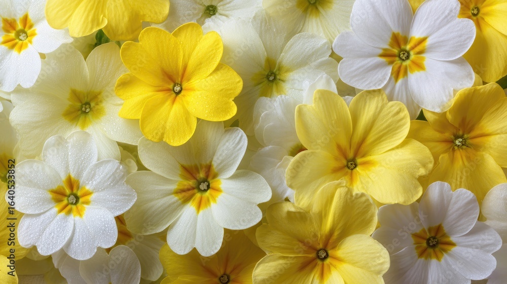 Fototapeta premium Close-up of Primula flowers, yellow and white
