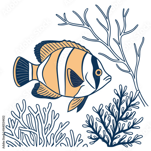 Stylized Illustration of a Bannerfish Swimming Among Coral Reefs in Ocean