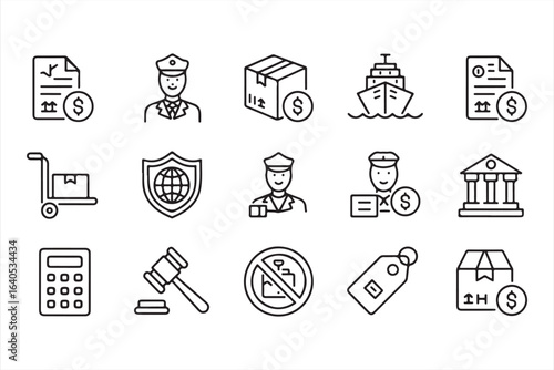 E-commerce and Logistics Icons Representing Shipping, Banking, and Legal Processes