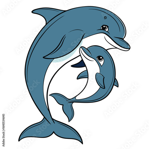 Two cute cartoon dolphins swimming together in a graceful embrace illustration