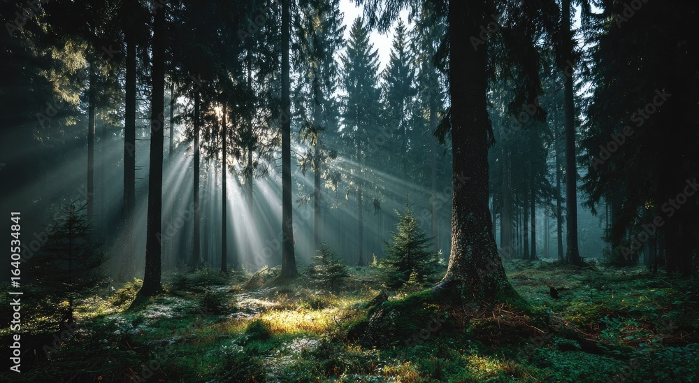 Obraz premium Sunlight beams through misty forest