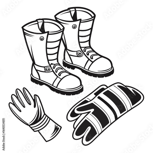 Vintage Styled Illustration of Boots and Gloves for Work or Construction
