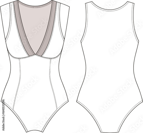 One piece swimsuit fashion flat sketch, deep V neckline, sleeveless swimwear design front and back view, apparel technical drawing