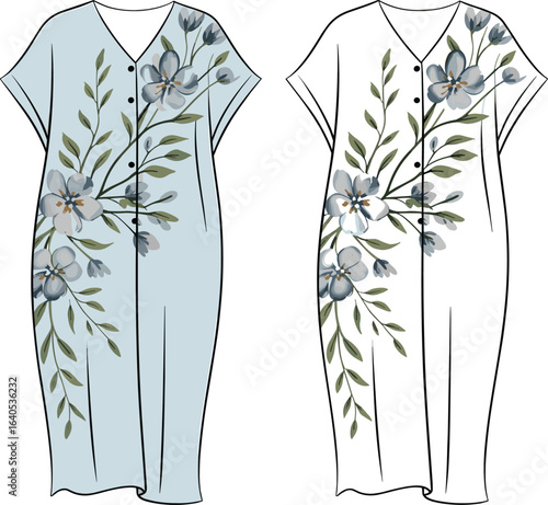 Floral printed kaftan dress fashion flat sketch, short sleeve loose fit garment design, botanical pattern clothing front view illustration