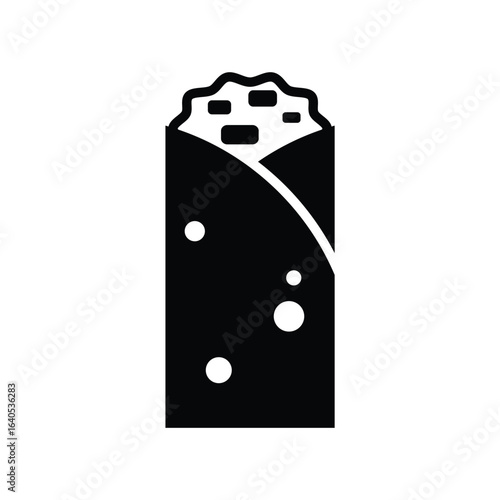 Minimalist black silhouette icon of a Burrito on white background, ideal for food shop menu, food labels, restaurant, apps, packaging design or web design
