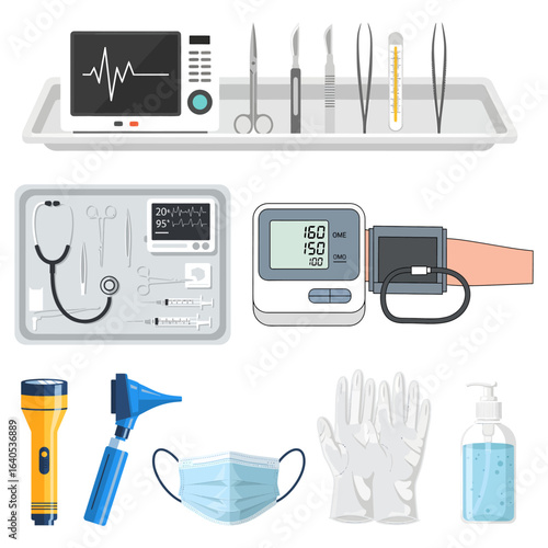 Medical Equipment Set Monitor Tools Blood Pressure Meter and Protective Gear.