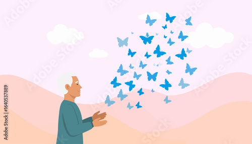 Metaphorical illustration of an elderly man with a swarm of blue butterflies