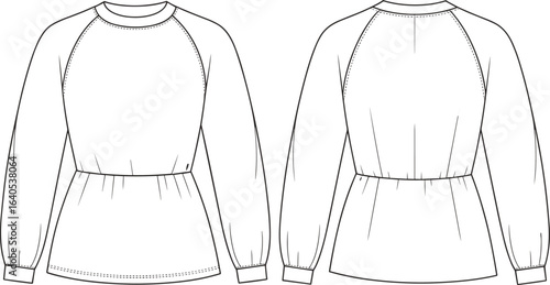 Long sleeve blouse technical flat sketch, front and back view, raglan sleeve, cinched waist, women’s fashion apparel vector design illustration